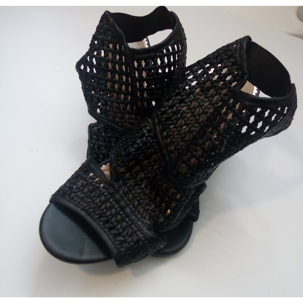 LC Lauren Conrad Morganite Black Woven Peep Toe Block Heel Ankle Boot Size 8